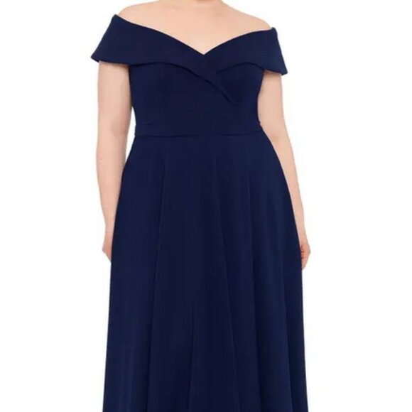 Xscape Navy Blue Off the Shoulder Scuba Crepe Gown